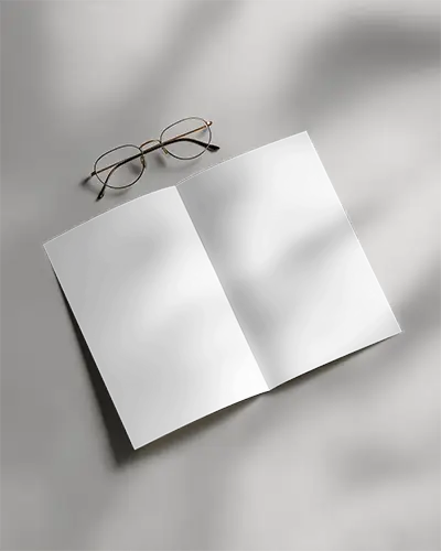 Sleek Open Brochure Mockup With Round Glasses On Minimalist Background For Design
