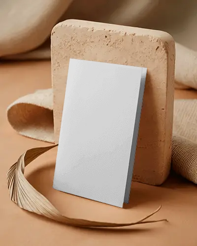 Minimal Beige Studio Brochure Mockup Leaning On Stone Texture With Soft Fabric And Natural Shadows