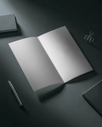 Moody Studio Brochure Mockup Open Spread On Matte Black Desk With Premium Editorial Style