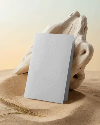 Desert Inspired Brochure Mockup Standing On Sand With Organic Stone Backdrop And Warm Sunset Light