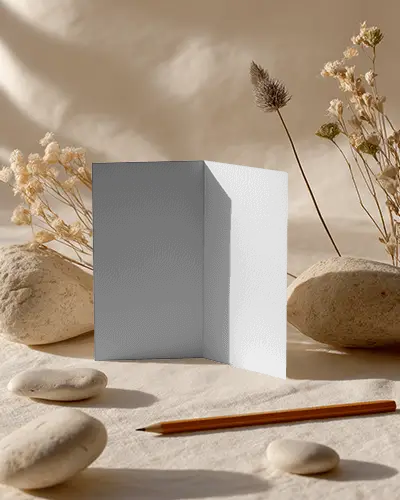 Brochure Mockup Bifold Brochure Standing On Natural Fabric With Dried Flowers And Soft Sunlight