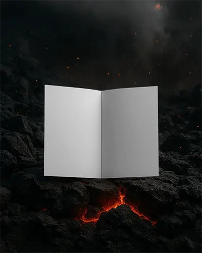 Brochure Mockup Above Burning Volcanic Rock Texture Dramatic Dark Atmosphere With Center Fold Exposed
