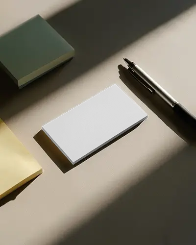 Desk Stationery Business Card Mockup With Pen And Sticky Notes In Natural Light