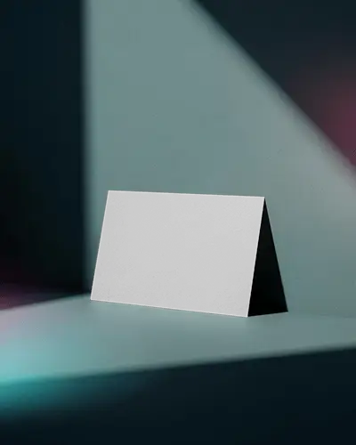 Dual Color Lighting Business Card Mockup Against Blue Wall With Dramatic Shadows