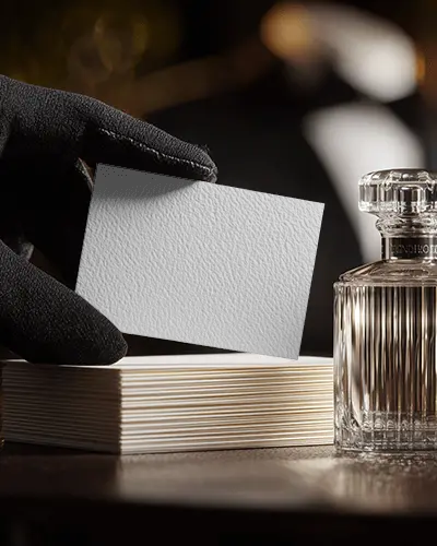 luxury-business-card-mockup-showing-decorative-glass-bottle-and-stacked-cards-on-table