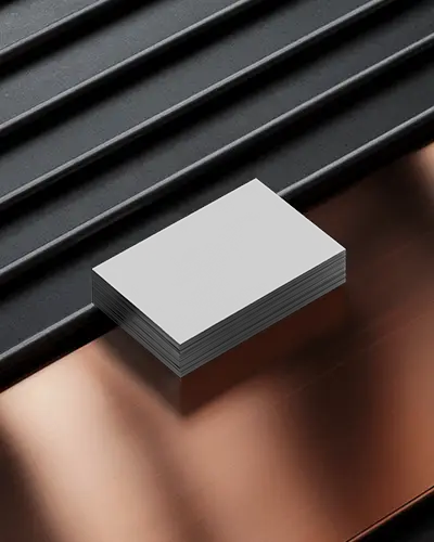 Luxury Stack Business Card Mockup On Black Metallic Stripes And Copper Reflective Surface