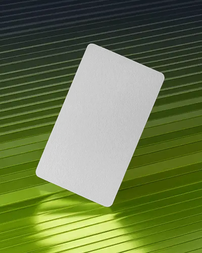 Vertical Rounded Business Card Mockup Floating Over Green Metallic Striped Surface With Light Glow