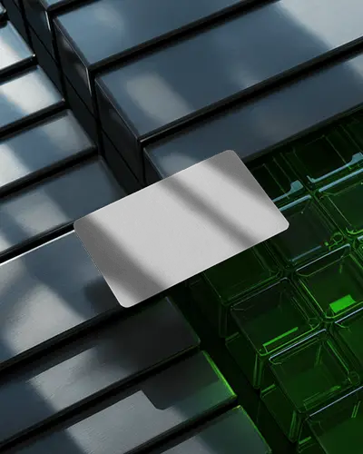 Premium Horizontal Business Card Mockup On Reflective Metal And Green Glass 3d Surface Modern Style