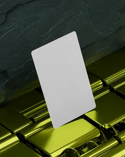 Luxury Metallic Vertical Business Card Mockup Angled View On Gold Surface With Dark Slate Background