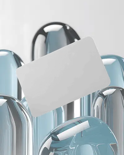 Futuristic Glass Rounded Business Card Mockup Floating Above Metallic Silver Blue Rounded Surfaces