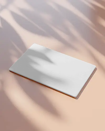 Minimal Shadow Business Card Mockup Lying Flat On Soft Pink Surface With Leaf Shade Overlays