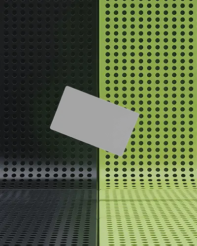 Horizontal Business Card Mockup Floating On Half Black And Green Perforated Metal Industrial Surface