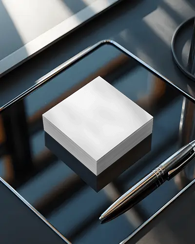 Luxury Square Stack Business Card Mockup On Reflective Glass Desk With Metal Pen And Modern Lighting