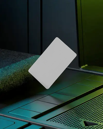 Cyberpunk Rounded Business Card Mockup Floating On Futuristic Metal Surface With Neon Green Light