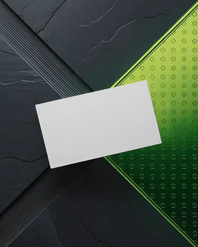Premium Business Card Mockup Over Dark Stone And Bright Green Metal Surface Modern Contrast
