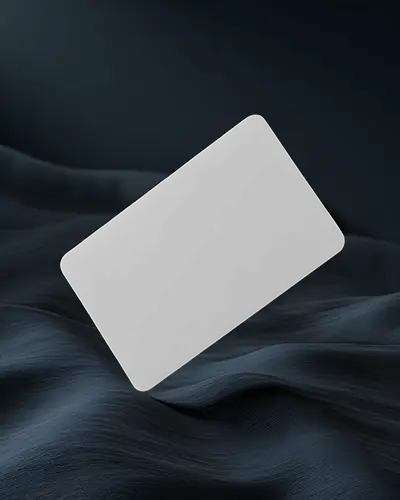 Floating Rounded Business Card Mockup Dark Blue Wavy Fabric Background Modern Style