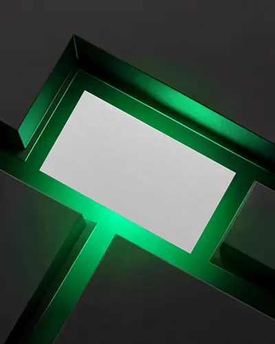 Neon Glow Business Card Mockup Dark Surface With Green Light Illuminating Geometric Edges