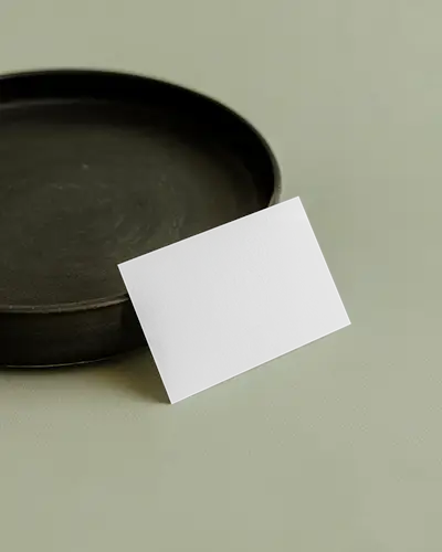 Zen Style Horizontal Business Card Mockup On Minimal Light Background With Dark Ceramic Dish Props