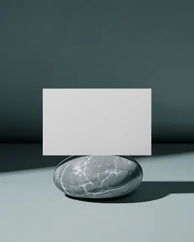 Stone Balance Business Card Mockup Vertical Card Standing On Polished Marble Rock Surface