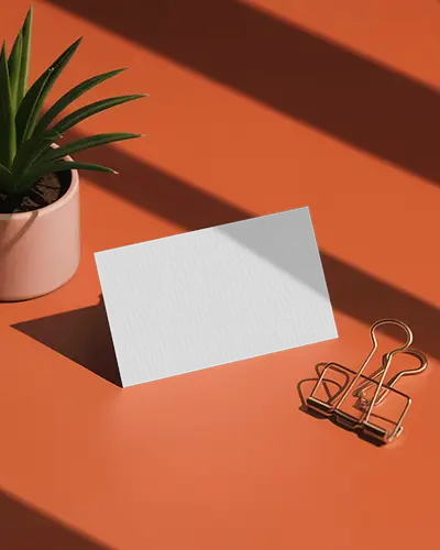 Modern Desk Horizontal Business Card Mockup On Orange Surface With Plant Pot And Metal Paper Clip