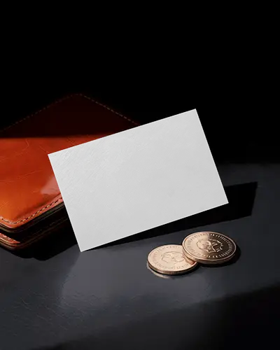 Luxury Wallet Business Card Mockup On Dark Desk With Coins And Leather Notebook Accessory