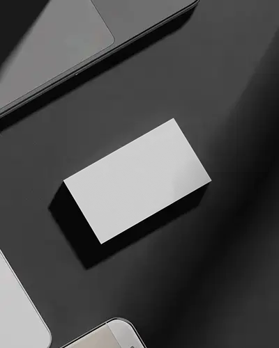 Workspace Minimal Horizontal Business Card Mockup On Black Desk With Laptop And Smartphone
