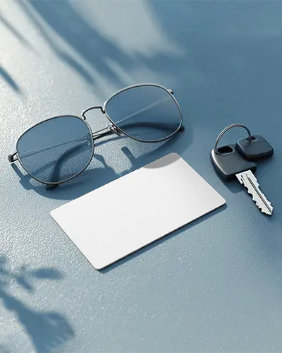 Blue Surface Sunglasses Keys Business Card Mockup Realistic Lifestyle Minimal Detailed Closeup