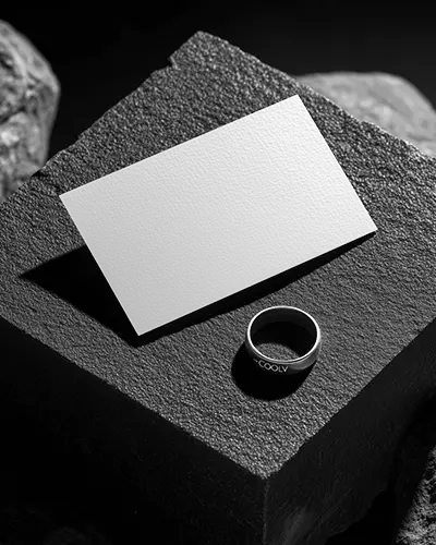 Bold Textured Business Card Mockup On Stone Surface With Metal Ring Dark Style