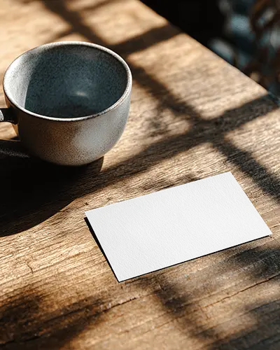 Rustic Horizontal Texture Business Card Mockup On Wooden Table With Coffee Cup Warm Sunlit Design