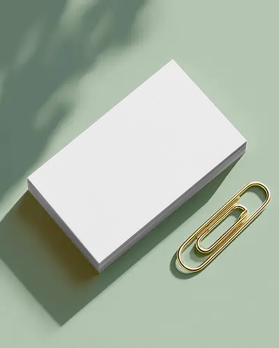 Stacked Texture Horizontal Business Card Mockup On Soft Green Surface With Golden Paperclip Clean
