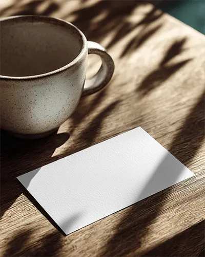 Elegant Textured Business Card Mockup With Soft Shadows And Coffee Cup