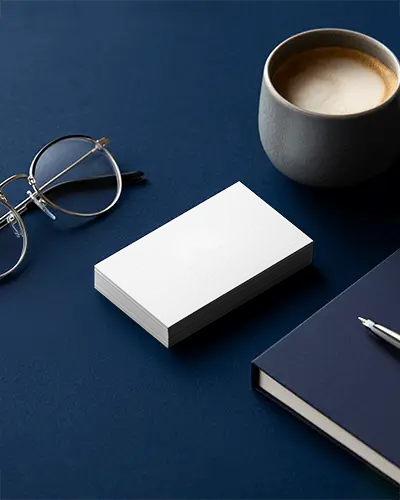 Workspace Stack Horizontal Business Card Mockup With Glasses Coffee Cup And Blue Desk Setup