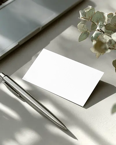 Clean Business Card Mockup With Laptop Pen And Eucalyptus On Desk Bright Natural Light