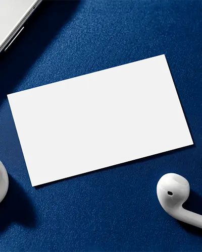 Navy Desk Horizontal Business Card Mockup With Phone And Earbuds Clean Creative Professional Style