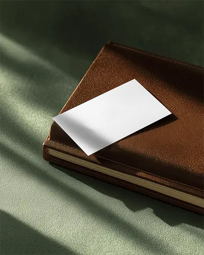 Minimalist Business Card Mockup On Leather Notebook In Natural Light