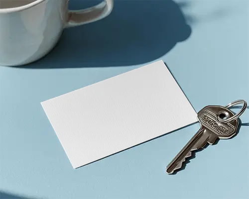 Horizontal Business Card On Solid Surface With Key And Subtle Shadows For Branding