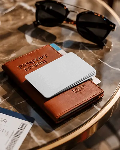 Realistic Business Card Mockup Stacked On Passport With Sunglasses And Ticket