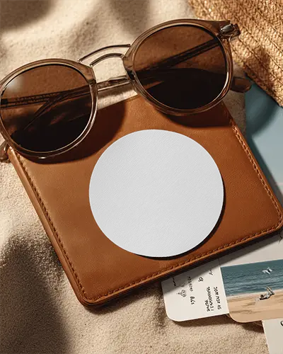 Premium Circal Business Card Placed On Leather Wallet With Summer Accessories Layout