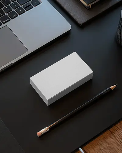 Workspace Desk Business Card Mockup Laptop Pencil And Leather Accessories Scene