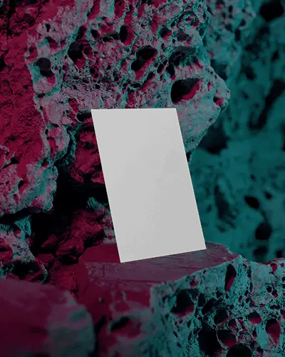 Rocky Surface Vertical Business Card Mockup With Vibrant Red And Teal Lighting Creative Style