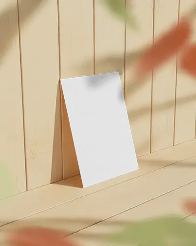 Wooden Wall Business Card Mockup Sunlit Surroundings With Soft Blurred Leaves