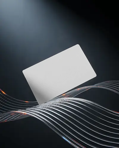 Futuristic Wave Business Card Mockup Floating With Metallic Light Streaks And Spotlight