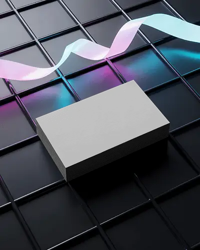 Glossy Grid Surface Stacked Business Card Mockup With Floating Neon Ribbon Light Reflections
