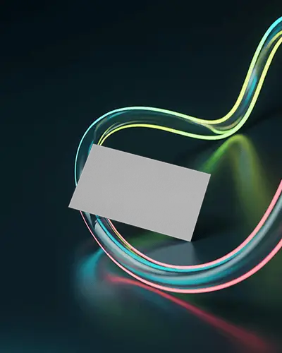 Glowing Ribbon Business Card Mockup Floating On Dark Background Futuristic Style