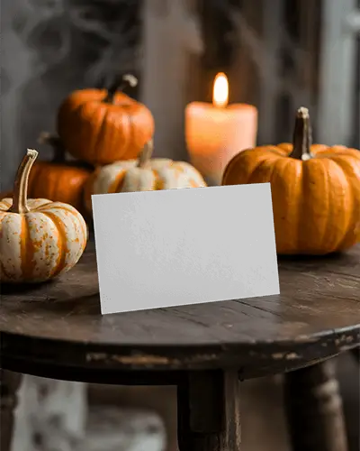 Halloween Card Mockup On Rustic Table With Pumpkins And Warm Candlelight