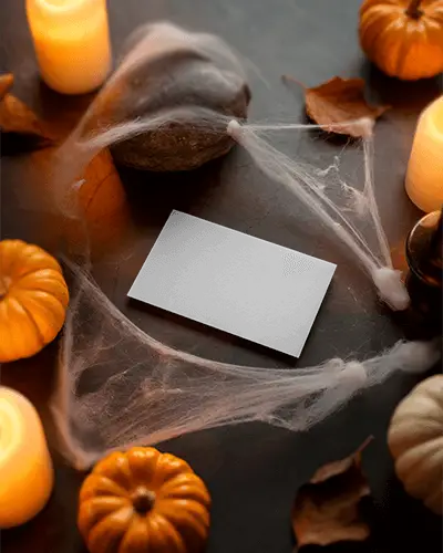 Halloween Business Card Mockup Surrounded By Pumpkins Cobwebs And Burning Candles