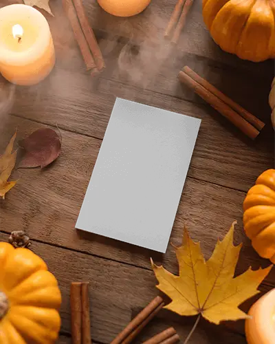 Halloween Card Mockup With Smoky Wooden Surface And Fall Leaves