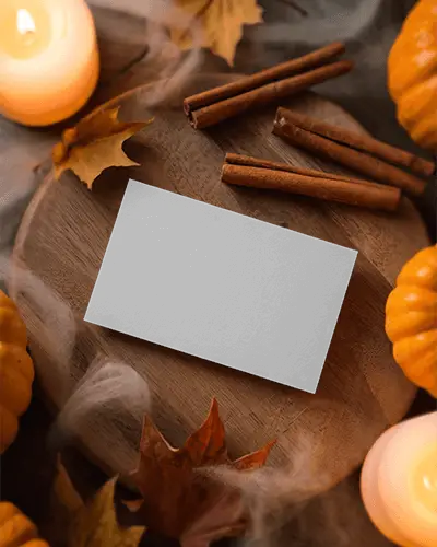 Halloween Business Card Mockup On Wooden Board With Cinnamon Sticks And Fog