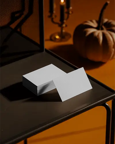 Dark Halloween Business Card Mockup On Metal Table With Orange Background And Candles