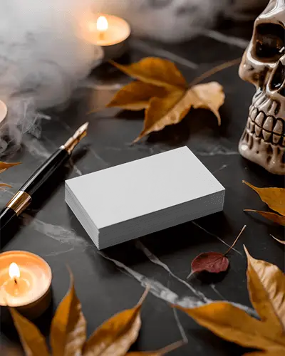 Spooky Office Halloween Business Card Mockup On Marble Desk With Skull Candles And Fallen Leaves